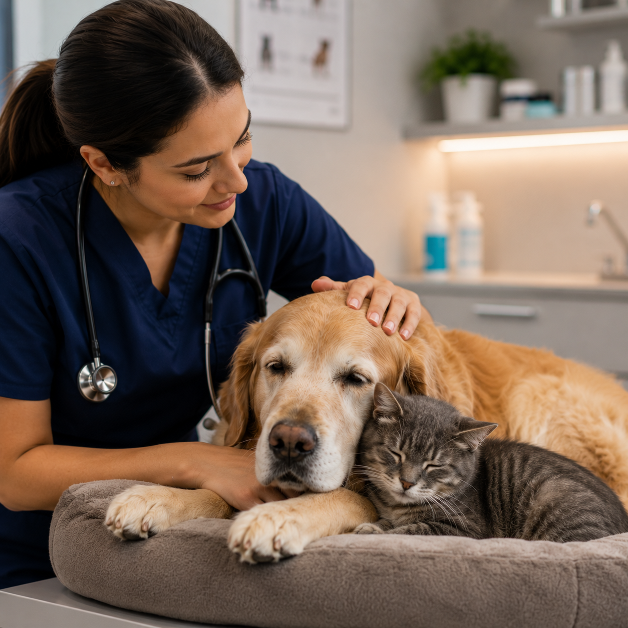 Doctora veterinaria acariciando amorosamente a un perro senior de raza golden retriever recostado con un gato en una clínica veterinaria boutique